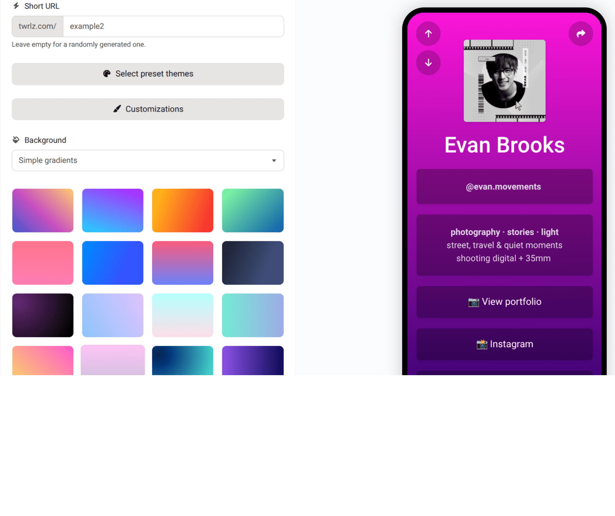 Screenshot of the app biolink editing page